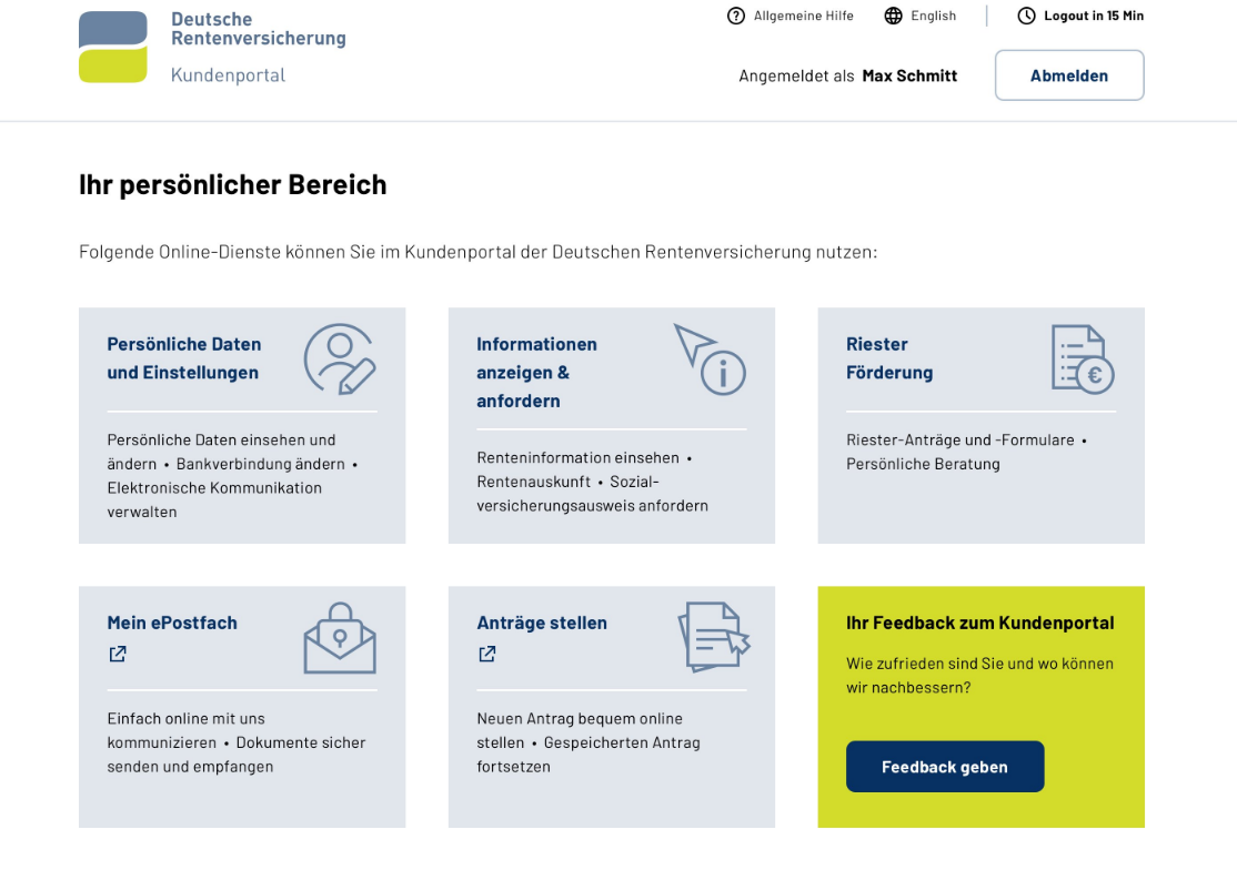 Screenshot der Startseite des Persönlichen Bereichs des neuen Kundenportals der Deutschen Rentenversicherung